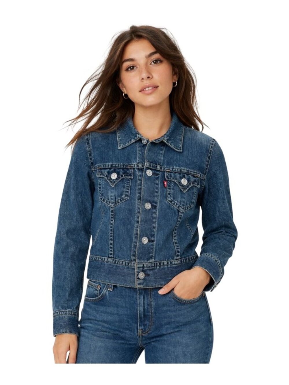 Y2K Levis Denim Cropped Trucker Jacket Blue Womens Medium